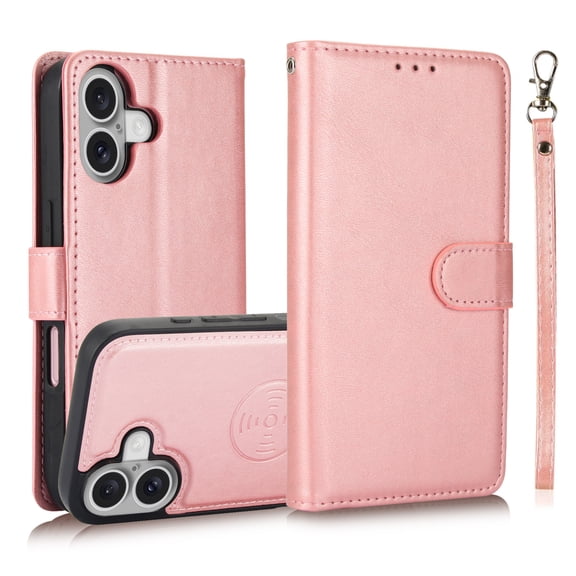 ELEHOLD Detachable Wallet Case For iPhone 17,Shockproof Slim Leather TPU Inner Stand Detachable Card Holder Wallet Case With Wrist Strap ,Rosegold
