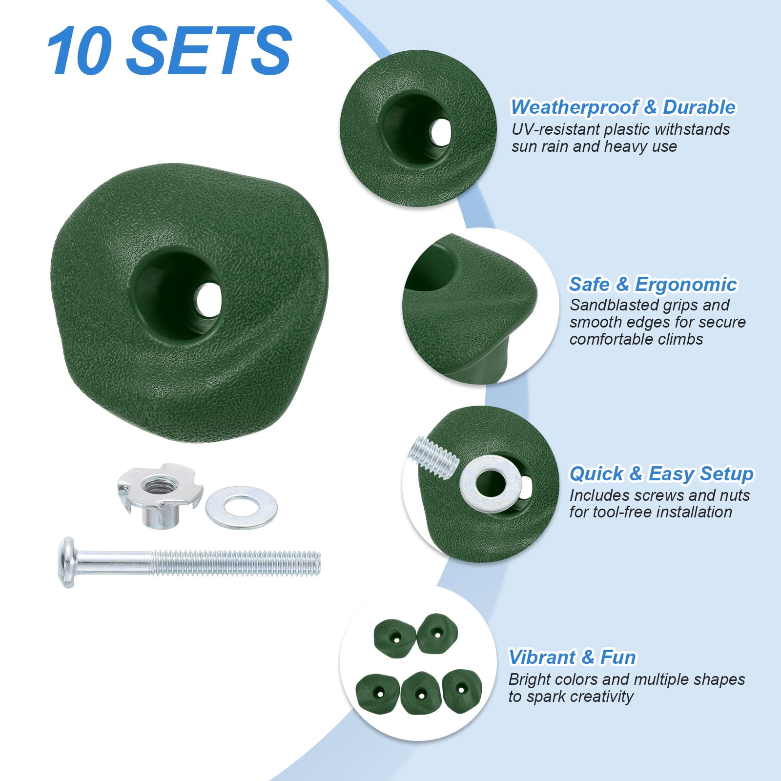 Rock Climbing Holds, 10 Pcs Climbing Rock Wall Grips with Single Holes for Playground Accessories, Green-B