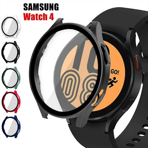 Glass PC Case for Samsung Galaxy Watch 4 44mm 40mm,All Around Coverage Protective Bumpers for Galaxy Watch 4 - black