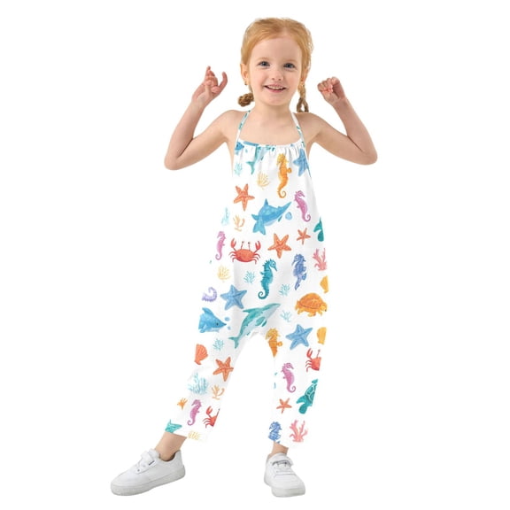 Girls' Jumpsuits Rompers Summer Casual Sleeveless Rompers With Pockets Spaghetti Strap Romper Playful Sea Animals Pattern 1T