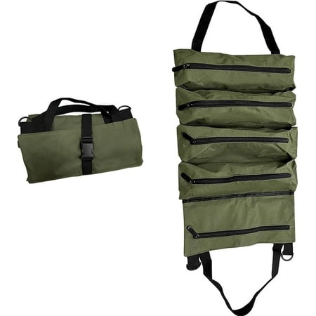 

Roll Up Tool Bag Wrench Roll Up Pouch Multi-Purpose Tool Organizer 5 Zipper Pockets Hanging Aid Kit Wrap Storage Case for Mechanic Eletrician Carpenter Hobbyist Motorcycle Truck Car Camping Gear