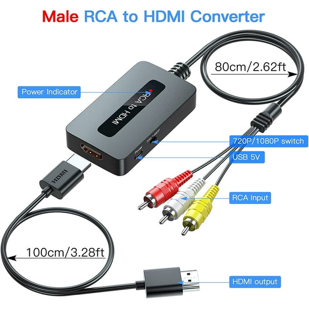 Convertisseur RCA vers HDMI, convertisseur AV vers HDMI mâle, compatible  avec VHS/DVD/STB avec RCA femelle pour afficher sur les téléviseurs HD, 