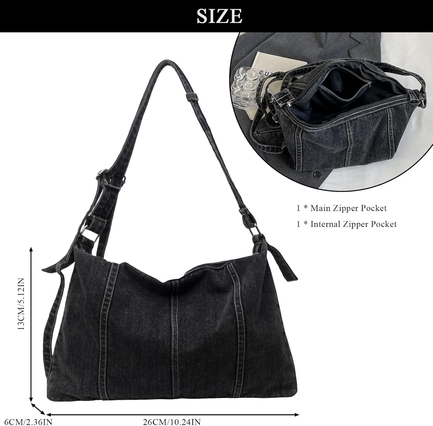 CoCoMangos Women's Denim Crossbody Bag Purse - Y2k Aesthetics Lightweight Soft Canvas Hobo Shoulder Bag with Zipper for Everyday Use