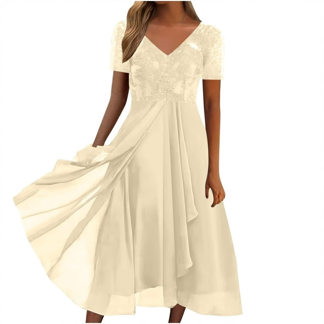 LNGOOR Robes d'Invitée de Mariage pour Femmes Automne Manches Mi-Longues en Maille Dentelle Robe de Soirée Formelle Ligne A Évasée Cocktail Midi Robes
