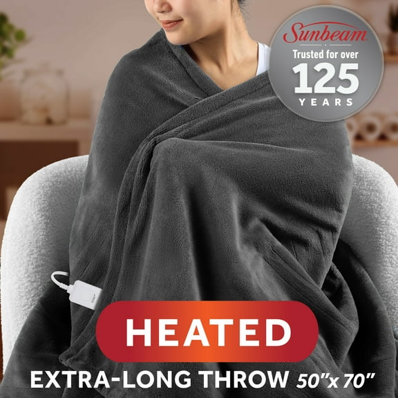 Sunbeam Electric Heated Throw Blanket Graystone Microplush Hand & Foot Pockets 4 Heat Settings, 50x72