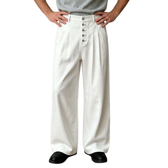 Mens Straight Leg Jeans with Double Pleats Relaxed Fit Casual Wide Leg Trousers