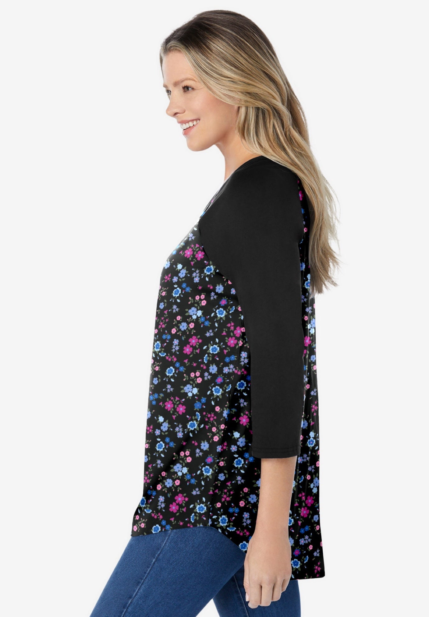 Woman Within Plus Size Three-Quarter Sleeve Baseball Tee