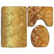 PUDMAD Gold and Purple Leaves 3 Piece Bathroom Rugs Set Bath Rug Contour Mat and Toilet Lid ...