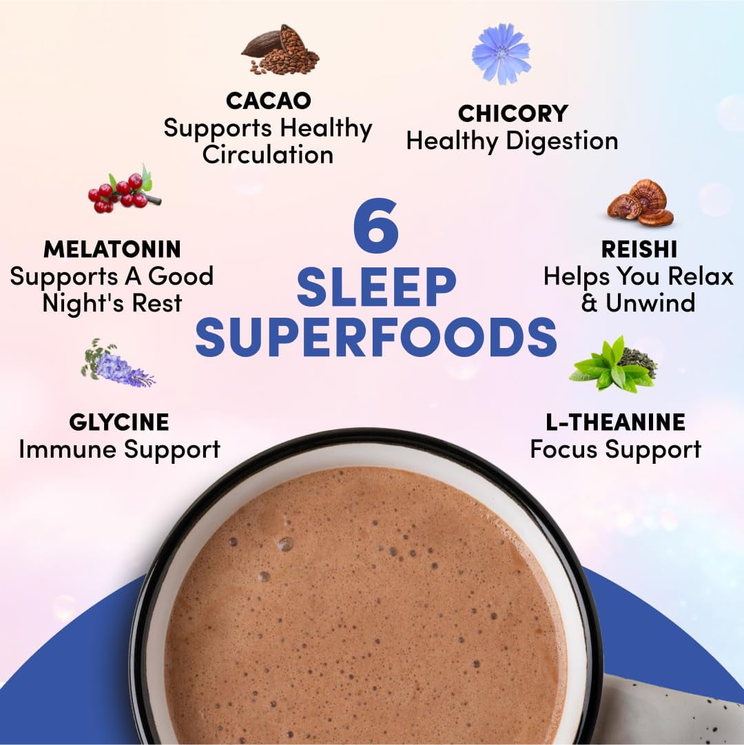 RYZE Mushroom Hot Cocoa Melatonin Sleep Supplement, Keto Cocoa Powder with Reishi, Melatonin, Glycine to Help Fall Asleep and Stay Asleep, 20 Servings