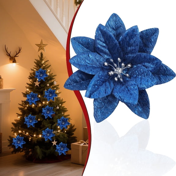 Blue Xmas Glitter Poinsettia Artificial Flower Christmas Tree Decorations Ornaments, 1pcs