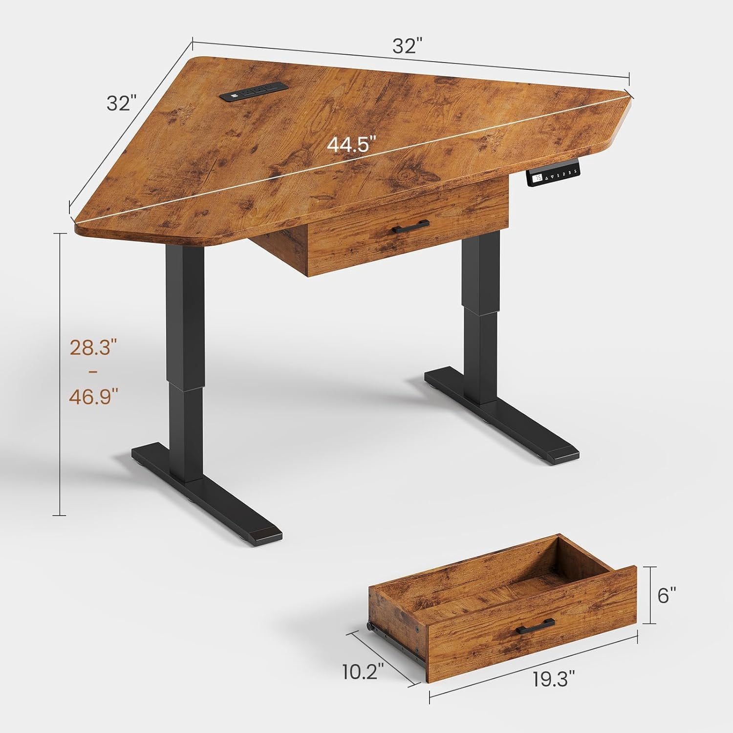 Standing Corner Desk with Drawer, Small Stand Up Desk with Power Outlets, Triangle Computer Desk for Home Office, Gaming Desk, Writing Desk, Rustic Brown