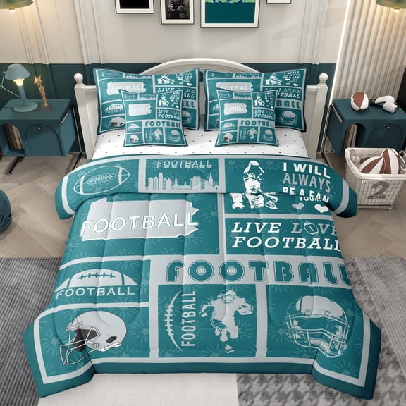 Castle Fairy Teens Adults Football Print Twin Bedding Sets 7-Piece,Sport Gamer Bedding Comforter Set Microfiber,Blue Grey Breathable Sheet Sets,Breathable Home Decor,Reversible