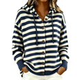 thumbnail image 2 of Women Hooded Button Front Knit Cardigan Top,Striped Outerwear Knitted Hooded,Oversized Drawstring Long Sleeve Loose Soft Sweater Coat,Fall Winter Warm Daily Blouse Business Casual Outfits Navy, 2 of 4