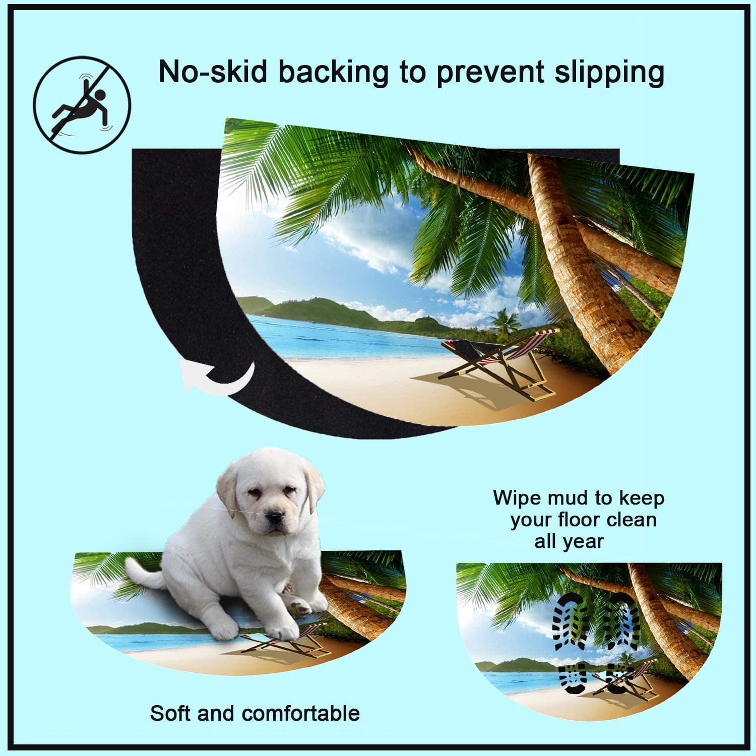 Rubber Welcome Doormat with Ocean Beach Tree Pattern Outdoor Indoor Doormat Waterproof Easy Clean Low-Profile Mats for Entryway Garage Patio High Traffic Areas