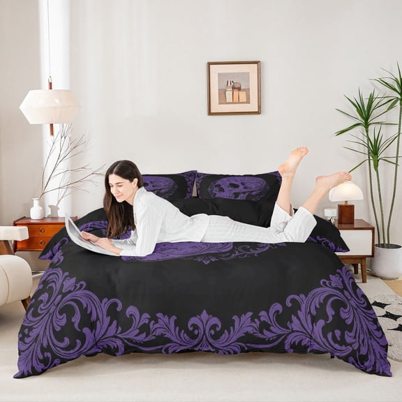 Homewish Baroque Antique Skull Bedding for Kids, Lavender Mandala Floral Duvet Cover Full, Black Reversible, 3pcs, 1 Duvet Cover and 2 Pillowcases