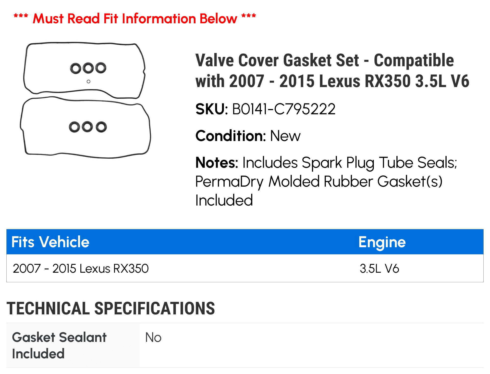 Valve Cover Gasket Set - Compatible with 2007 - 2015 RX350 3.5L V6 2008 2009 2010 2011 2012 2013 2014