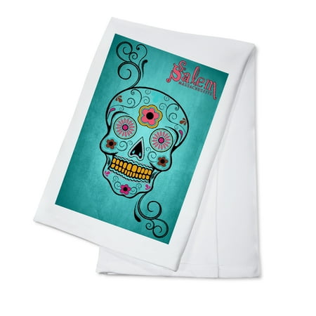 

Salem Massachusetts Sugar Skull (Aqua Background) (100% Cotton Tea Towel Decorative Hand Towel Kitchen and Home)