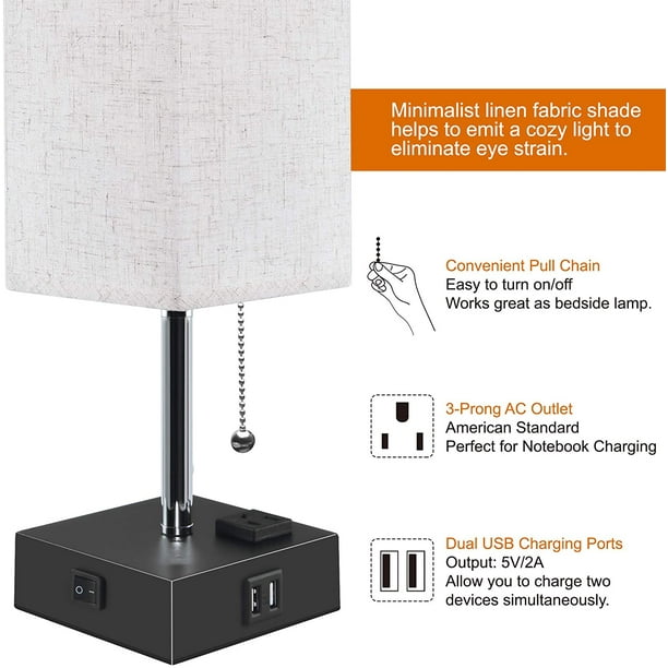 Lampe de table, lampe de nuit de chevet, lampe de table USB avec abat-jour  en tissu pour chambre à coucher, salon, bureau, étude
