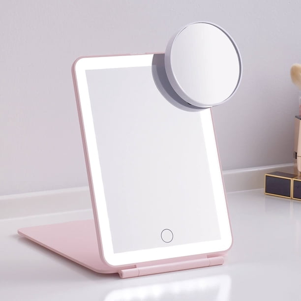 Espejo de maquillaje de viaje plegable LED - 5x6 pulgadas, 3 colores, modos de luz, pantalla táctil recargable por USB, espejo cosmético de mesa portátil para viajes, oficina cosmética (rosa)
