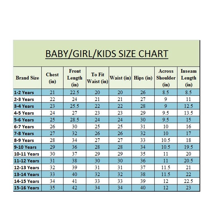 Girls' Clothing Size Chart.