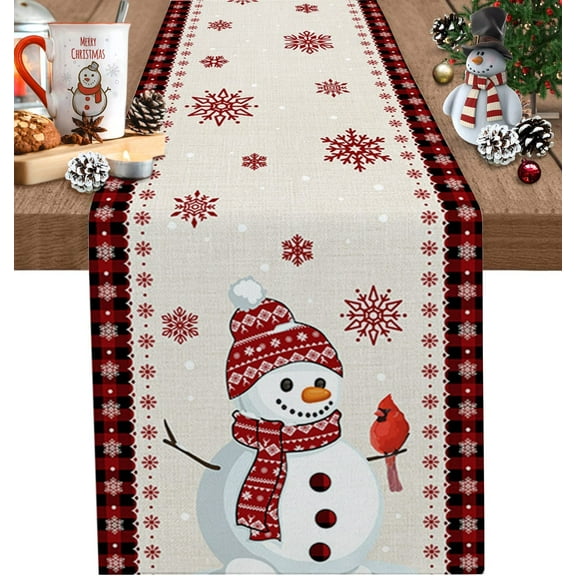 Rdsfhsp Table Runners, Christmas Snowman Snowflake Cardinal Winter Red Black Plaid Dresser Scarf Cotton and Linen Table Runner for Kitchen Dinner Table, Christmas Day Table Decoration 13x72 Inch