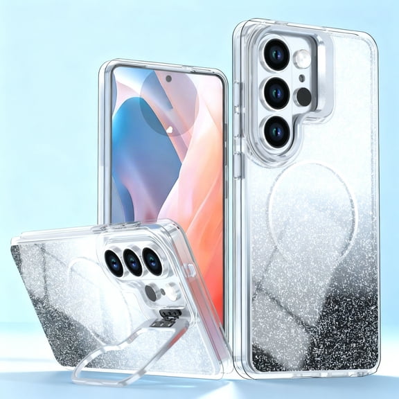 For Samsung Galaxy S24 Phone Case,Gradient Two-color Glitter Back,Compatible with Mag-Safe,With Invisible Lens Ring Kickstand,Cute Bling Sparkly,Shockproof Anti-Scratch Thin Fit Phone Case,Black