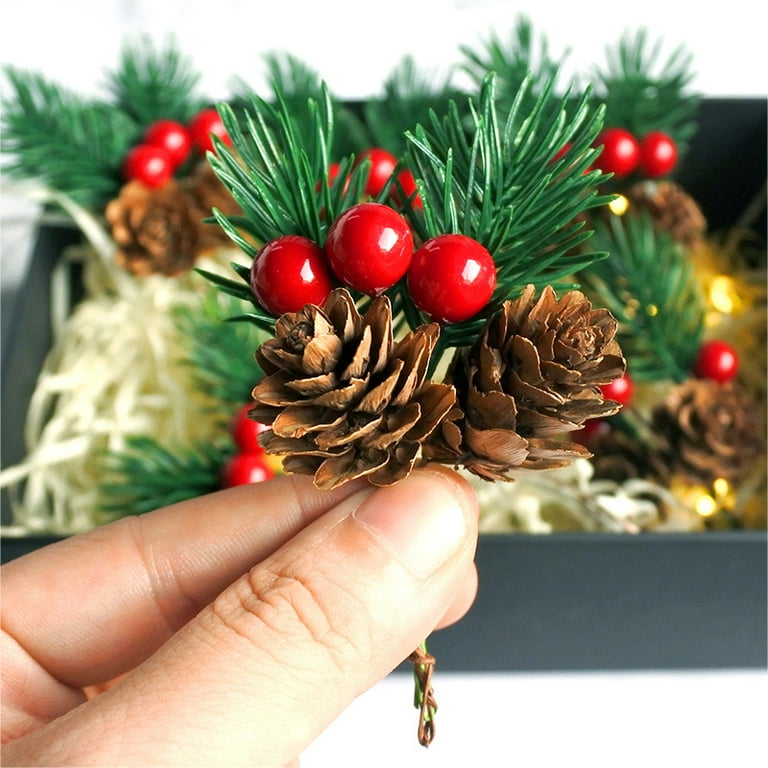 6pcs Red Bow Stems Pine Branches Evergreen Christmas Berries Decor  Artificial Pine Cones Branch Craft Wreath Pick & Winter Holiday Floral  Picks Holly