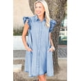 thumbnail image 3 of Women's Beau Blue Double Ruffled Sleeve Buttoned A-line Mini Denim Dress | [ZhiHiMeRi] | (US 12-14)L, 3 of 5