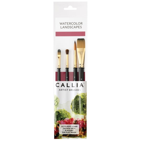 Willow Wolfe Callia Artist Watercolor Landscapes Brush Set-Filbert Comb, Mini Mop, Round, Flat Wash
