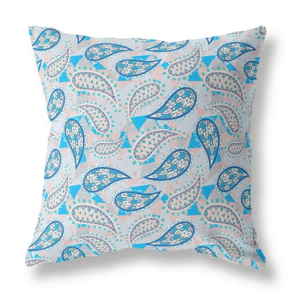16â€ Blue Peach Boho Paisley Indoor Outdoor Throw Pillow