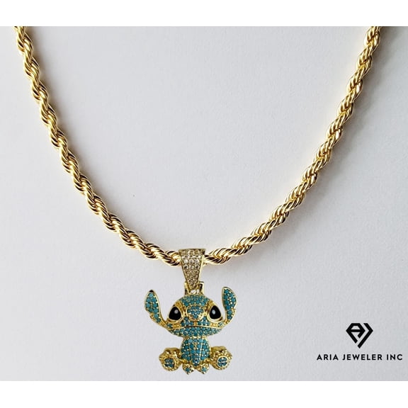 14k Bonded Gold Necklace with Diamond Stitch Pendant, Best Christmas Unisex Gift for Women, Men Mother, Father, Girlfriend, Boyfriend, Her, Him, Rope Chain with Charm by Artisan Jeweler