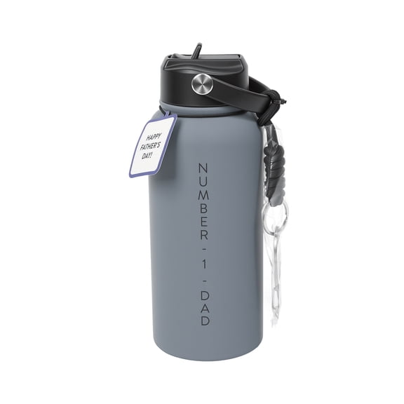 Number 1 Dad Stainless Steel Hydration Bottle with Carabiner Key Ring, Gray, 30 oz, Father's Day by Way To Celebrate