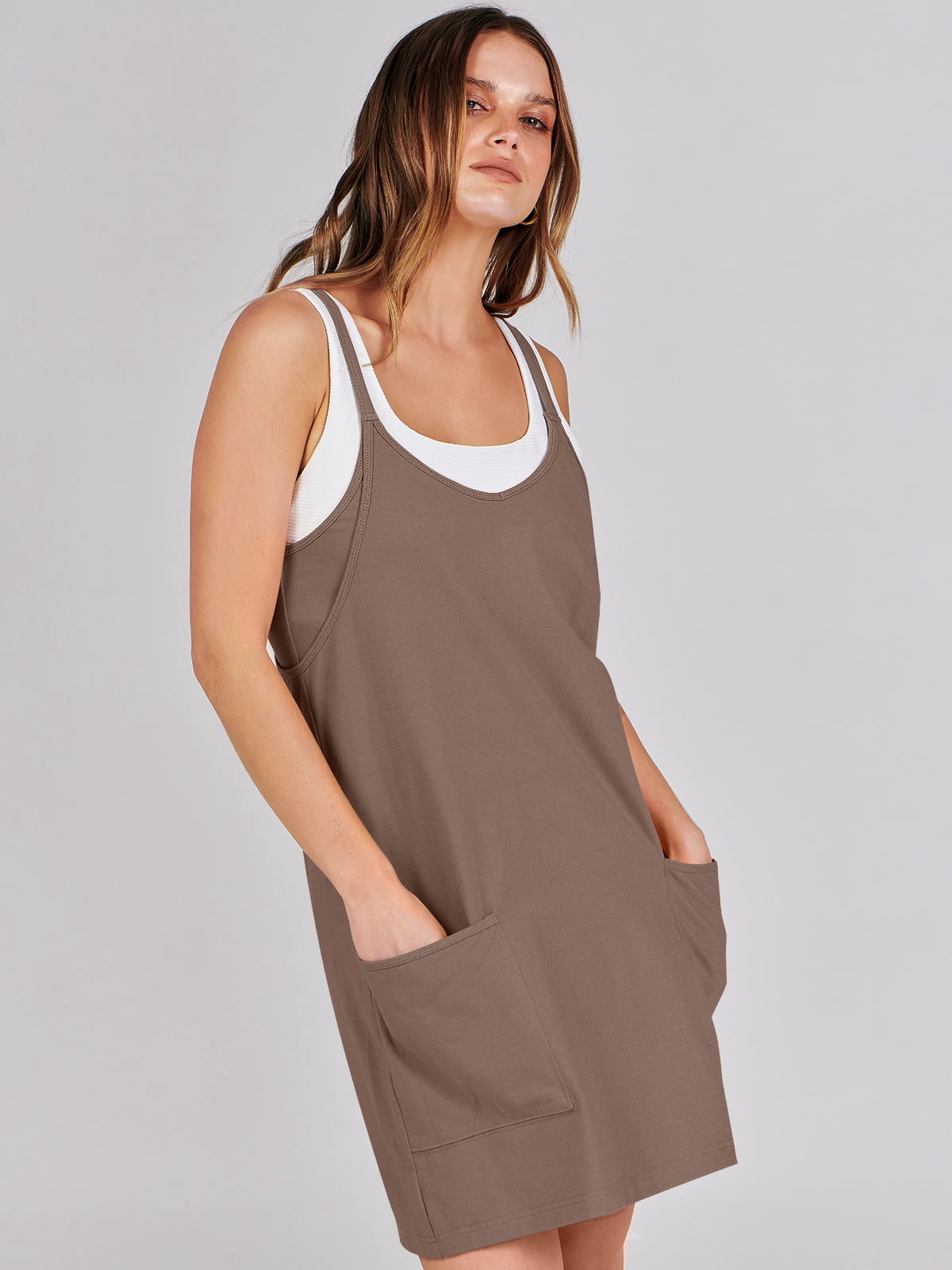 ANRABESS Athletic Dress for Women Tennis Dress with Shorts Summer Active Workout Romper Dress Sleeveless Spaghetti Strap Mini Dress Casual Sundress Vacation Outfits Coffee XXL