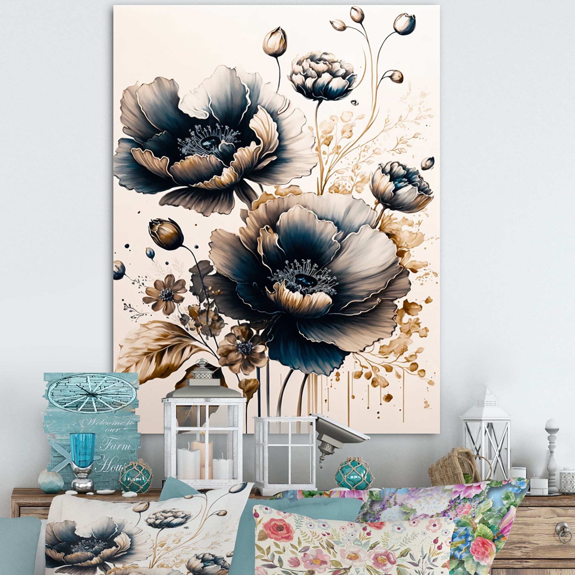 Designart Navy Blue And Gold Poppy Flowers I Canvas Wall Art