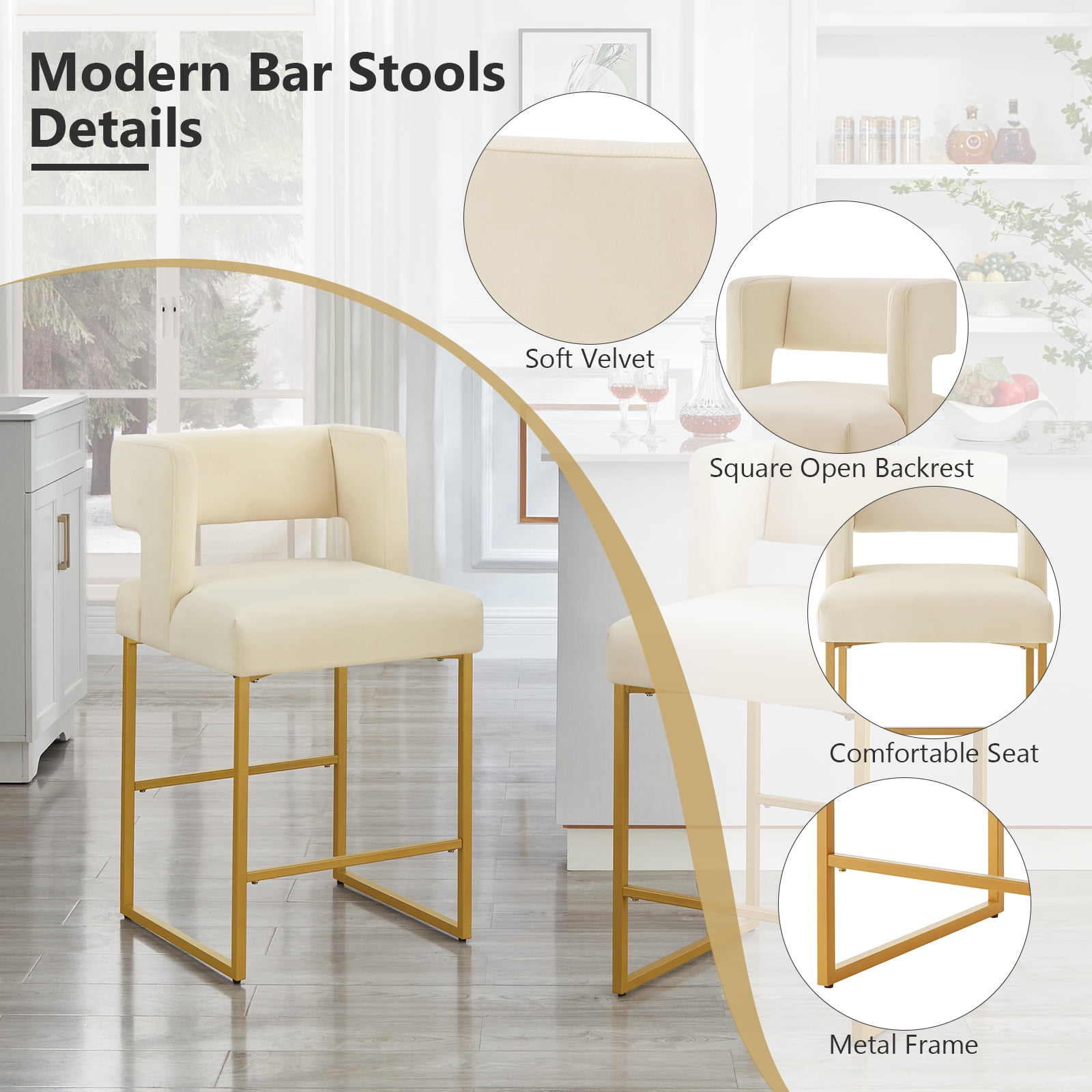 Lecut 26" H Counter Height Bar Stools Set of 2, Modern Velvet Bar Stools with Square Open Backrest and Gold Metal Frame, Kitchen Counter Stools for Island, Home Bar, Pub,Beige+Gold