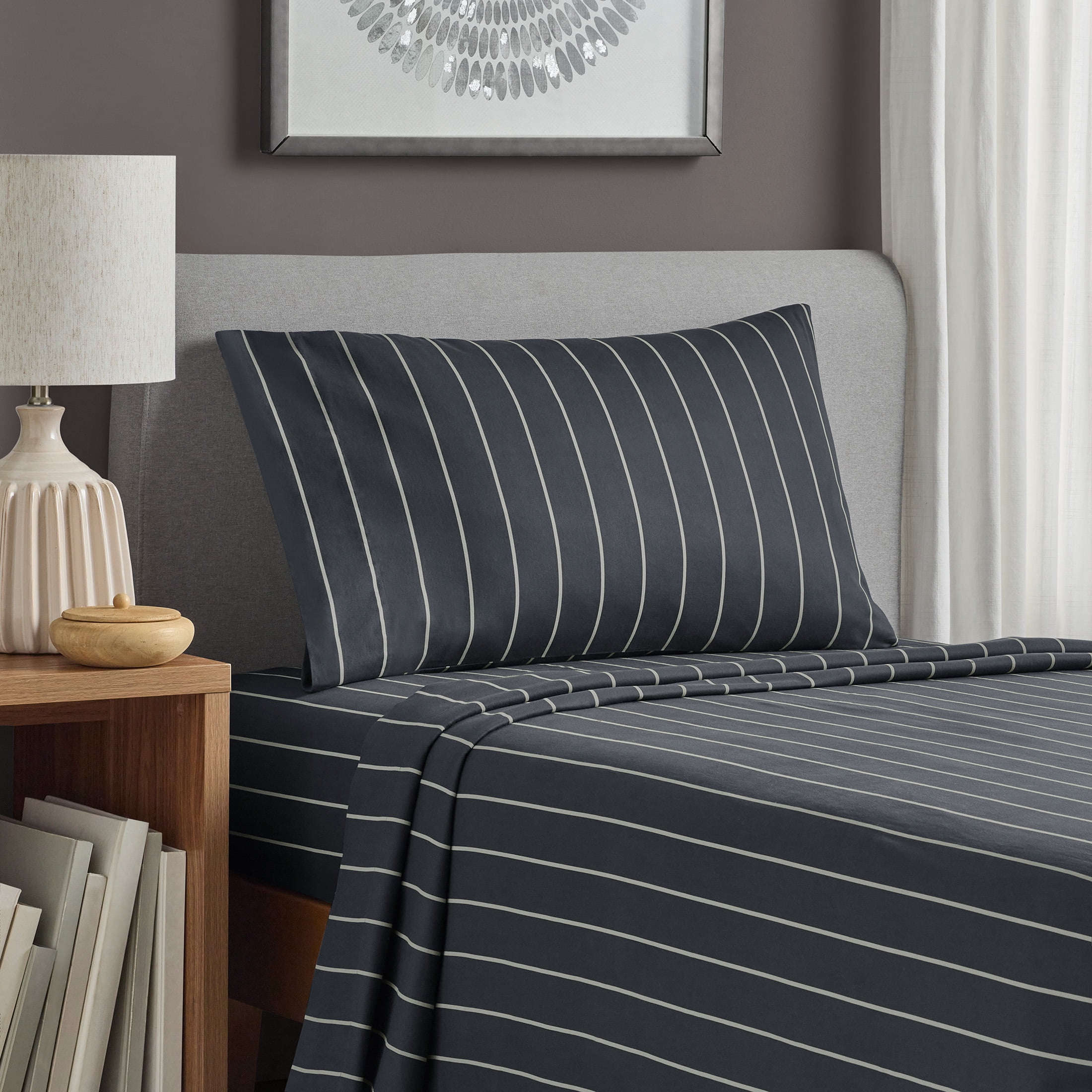Mainstays 100% Cotton Dreamy Soft 3-Piece Bed Sheet Set, 220 Thread Count Brushed and Washed Sateen, Deep Pocket, Twin/Twin XL, Grey Stripe