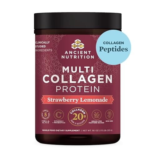 Ancient Nutrition Péptidos de colágeno en polvo, proteína de colágeno múltiple, mujeres y hombres, vitamina C, probióticos, colágeno hidrolizado, apoya la piel, las articulaciones, la salud intestinal