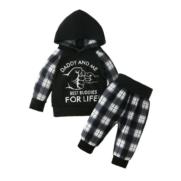 Xudanell Outfits Dadddy and Me Fist Print Long Sleeve Hooded Top and Trousers Preemie Clothes Boys Black 12-18 Months