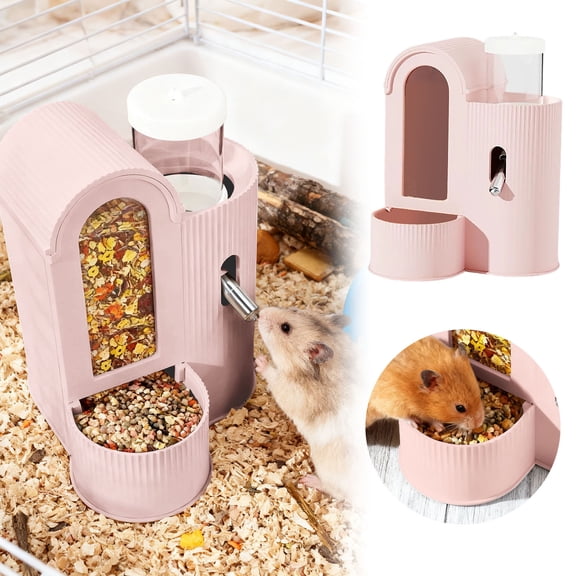 Rabbit Food Water Dispenser, Guinea Pig Water Bottle & Automatic Bunny Feeder, Cage Accessories,3 Color Feeder Dispenser for Hamster, Chinchilla, Ferret Small Animals (Pink)