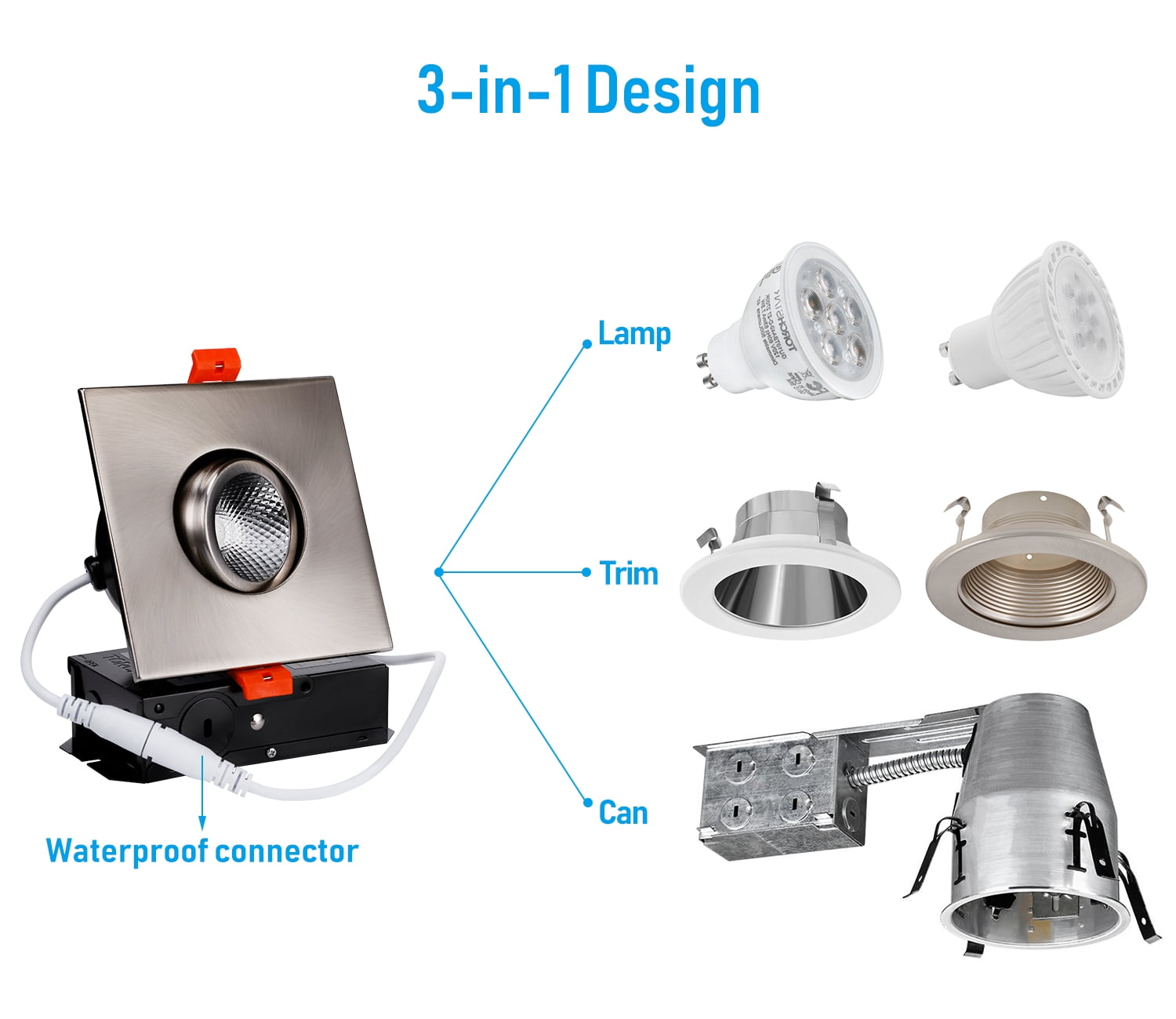 24 Pack 3 Inch 7W Gimbal LED Recessed Light with J-Box, Square Downlight Dimmable, 5000K Daylight, Satin Nickel