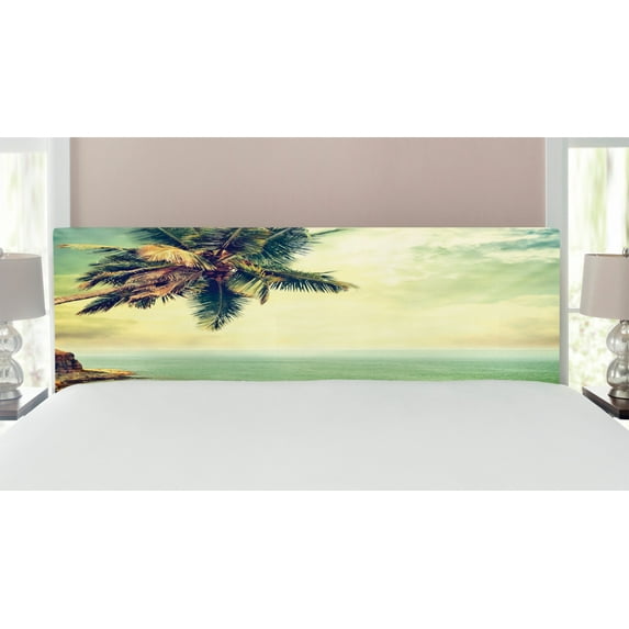 Hawaiian Headboard, Palm Tree Rocky Shore Caribbean Mist Traveling Resort Scenic, Upholstered Decorative Metal Bed Headboard with Memory Foam, King Size, Almond Green Pale Yellow, by Ambesonne