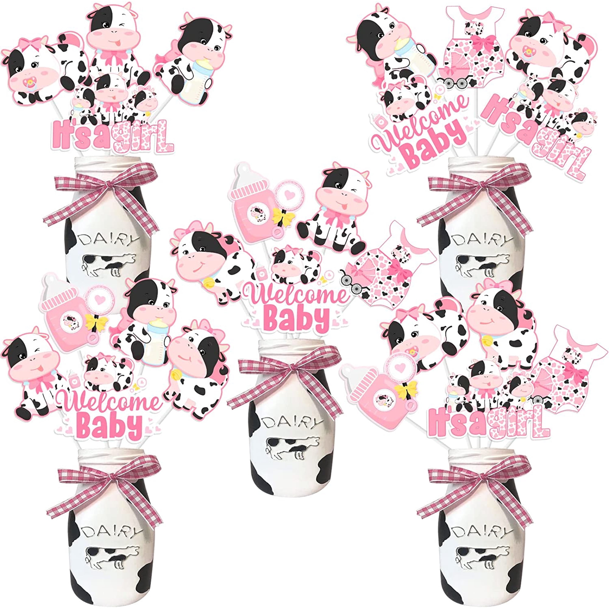 24 Pieces Cow Centerpieces for Tables Baby Shower, Cow Theme Table Toppers, Cow Baby Shower Centerpieces Decorations Girl for Farm Animal Birthday Party Supplies