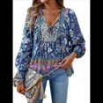 thumbnail image 1 of Blusa Informal con Cuello en V para Mujer, Holgada, con Estampado Floral, de Larga, para Playa. Azul Marino S, 1 of 10
