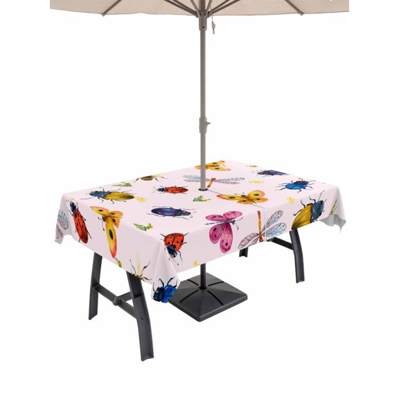 Outdoor Tablecloths with Umbrella Hole & Zipper, Cute Butterfly Dragonfly 54x80 Inch Tablecloth Rectangle, Farmhouse Botanical Floral Pink Waterproof Table Cloth, Patio/Pool/Picnic Table Covers