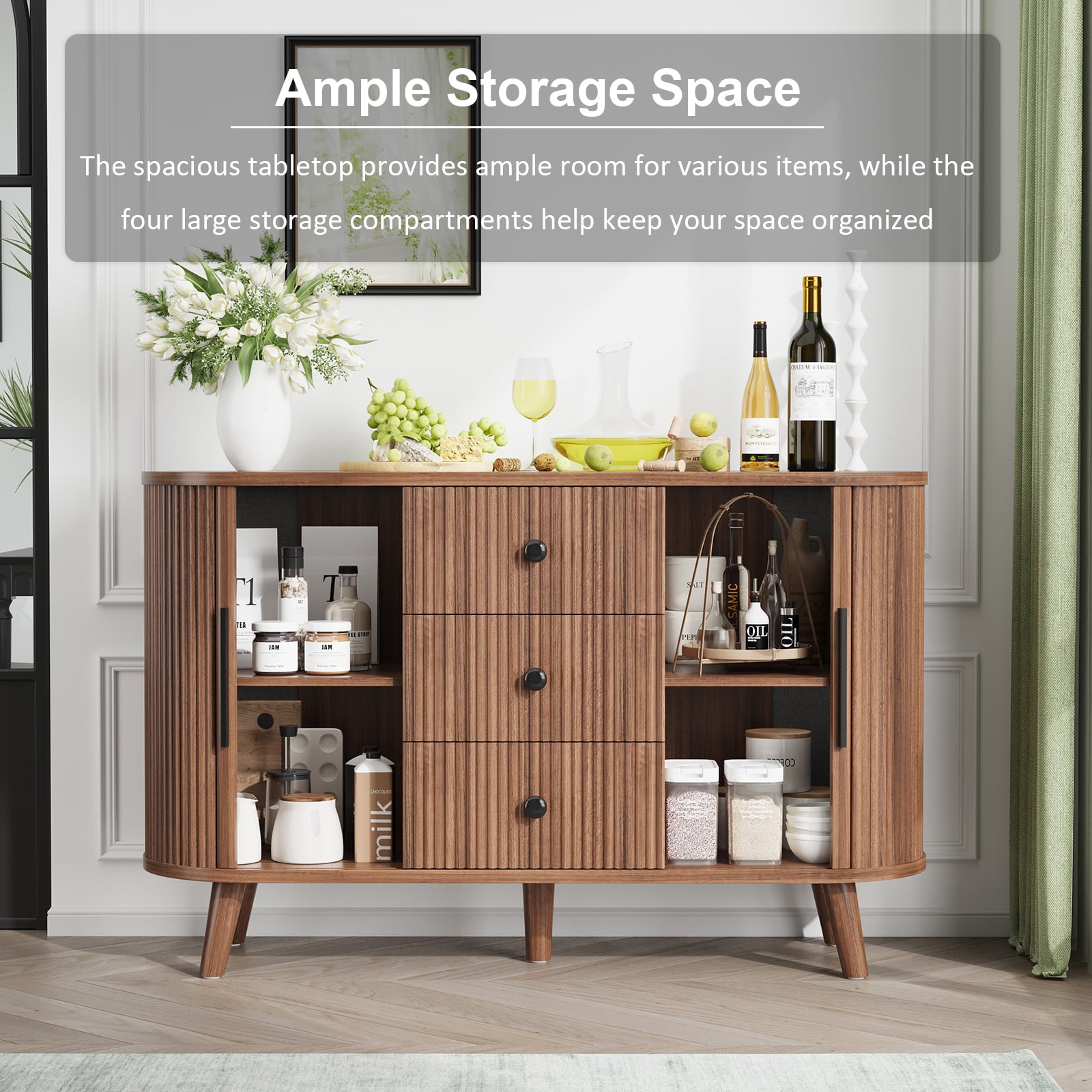 Hommoo Sideboard Buffet Cabinet with 2 Sliding Tambour Doors and 3 Drawers, Credenza Storage Cabinet with Adjustable Shelves for Living Room, Walnut