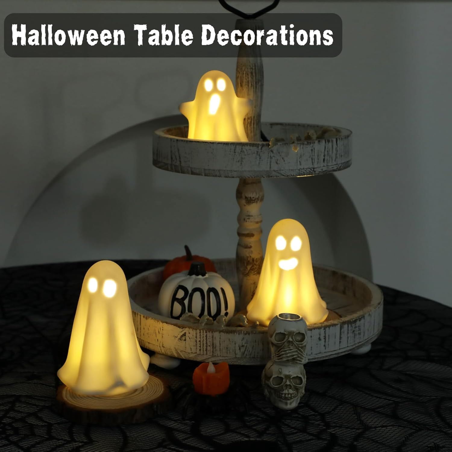 3 Pack Light Up Ceramic Ghost Figurines with Warm Glow for Halloween Decor