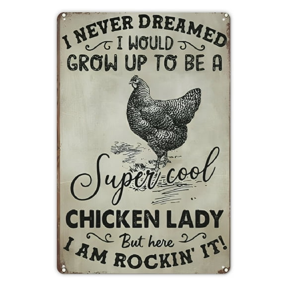 Whimsical "Super Cool Chicken Lady" Vintage Metal Sign - Rustic Khaki Wall Art with Humorous Farmhouse Charm, Durable Iron Decor for Kitchen, Bar, Cafe, or Garage 8 x 12 inch