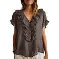 thumbnail image 3 of Craaazy Women Plus Size Tops Loose Fit Solid Color V Neck Ruffle Placket Short Sleeve Cotton T Shirts for Daily Wear Gift, 3 of 9