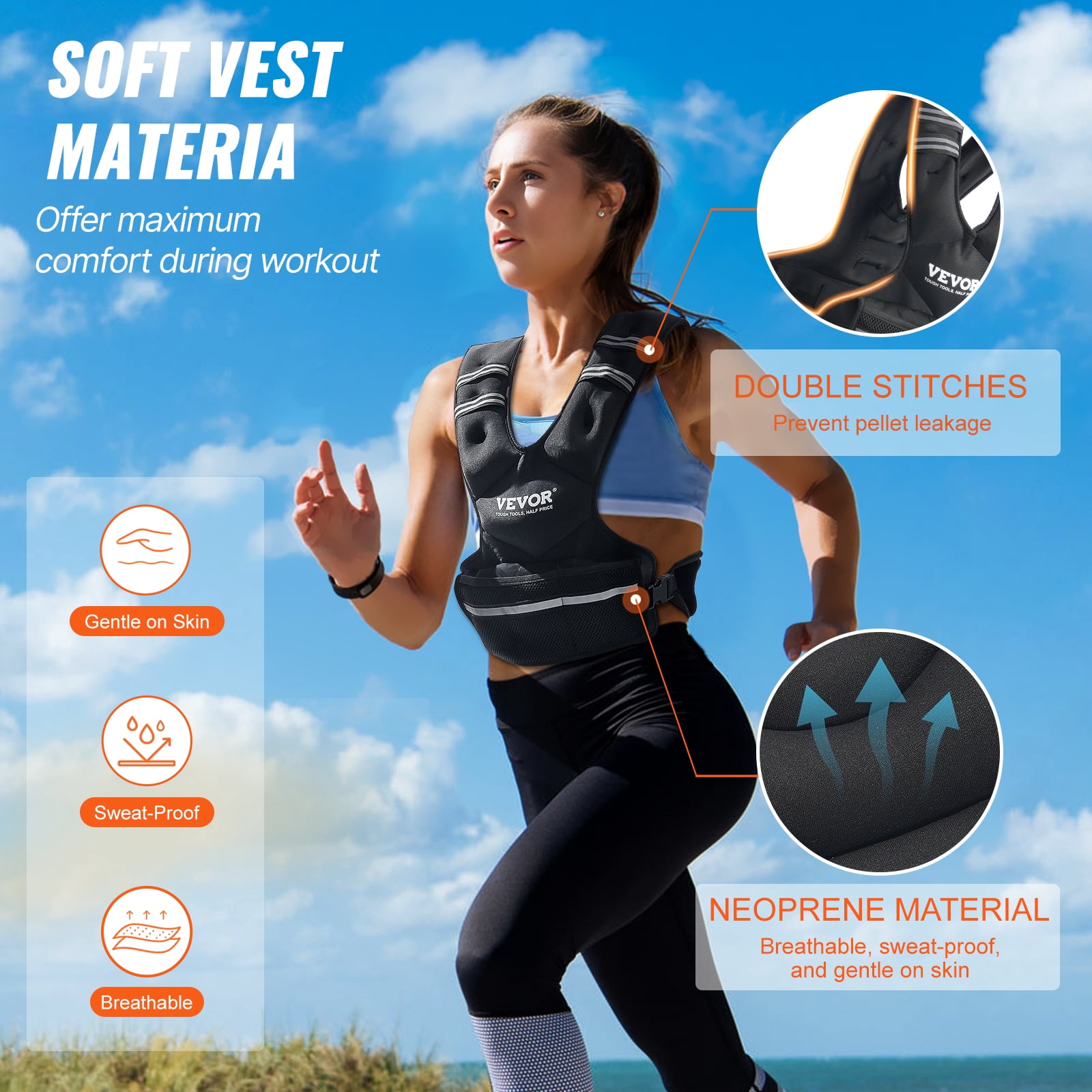 VEVOR Adjustable Weighted Vest, 20-32lb Weight Vest with 6 Ironsand Weights and Reflective Stripe, Body Weight Vest Exercise Set for Men Women, Workout Equipment for Strength Training Running