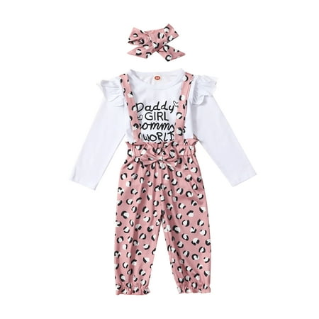 

Canrulo Infant Baby Girls Letter Print Long Sleeve Tops+Floral Suspender Pants+Headband Set Pink 12-18 Months
